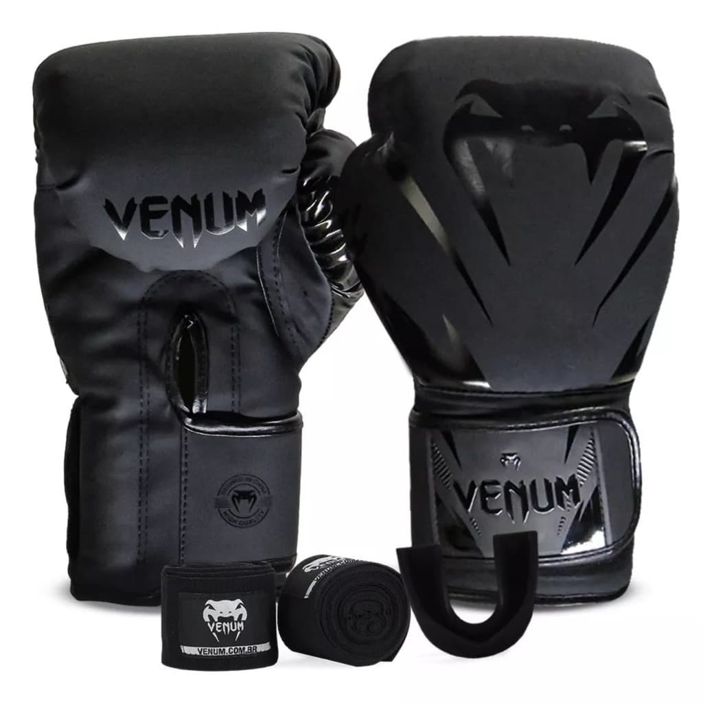 Kit Boxe Venum Impact 2.0: Luva + Bandagem + Bucal - Dark