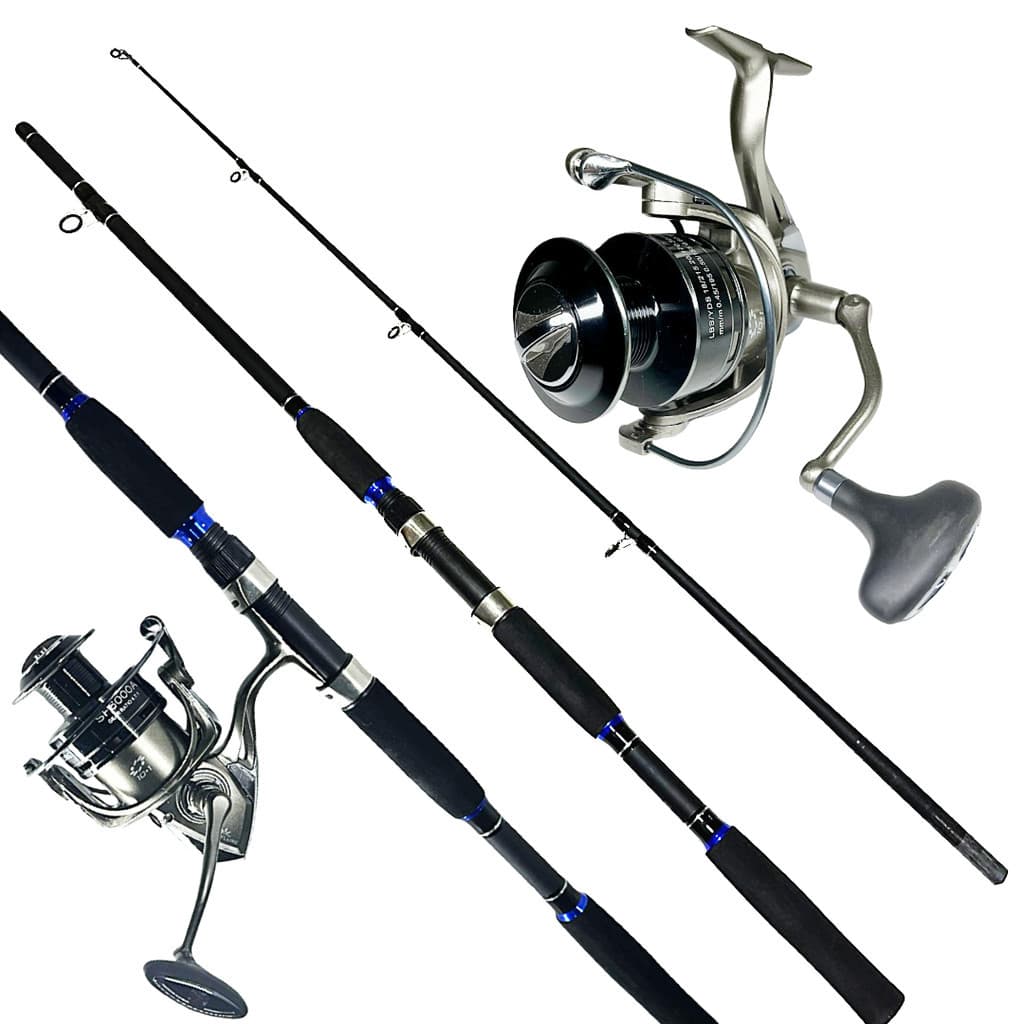 KIT DE PESCA PESADA VARA 1.80M CARBONO 60LB C/ MOLINETE 6000 11 ROL. DRAG:14KG - ALUMINIO