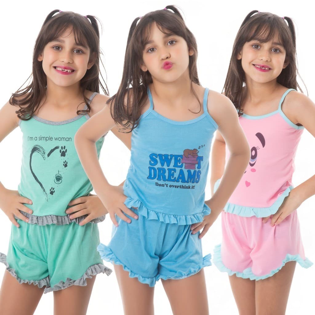 Kit 3 Pijama INFANTIL MALHA Baby Doll Estampado Personagens Short Doll Malha