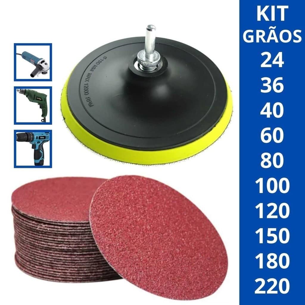 Suporte Boina Lixadeira + 10 Discos Lixa c/ Adaptador Furadeira Esmerilhadeira Escolha Grão