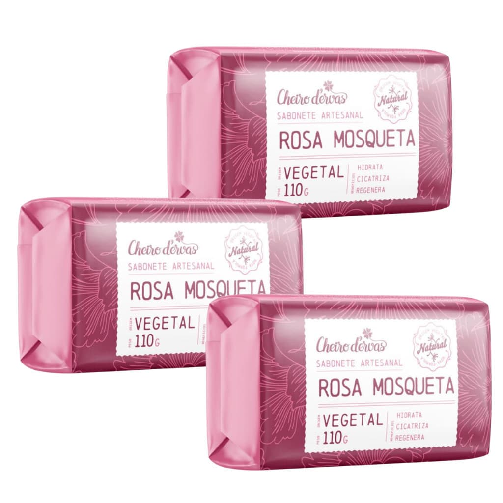 Kit com 3 - Sabonete Artesanal Rosa Mosqueta 110g Cheiro D' Ervas - 100% vegetal