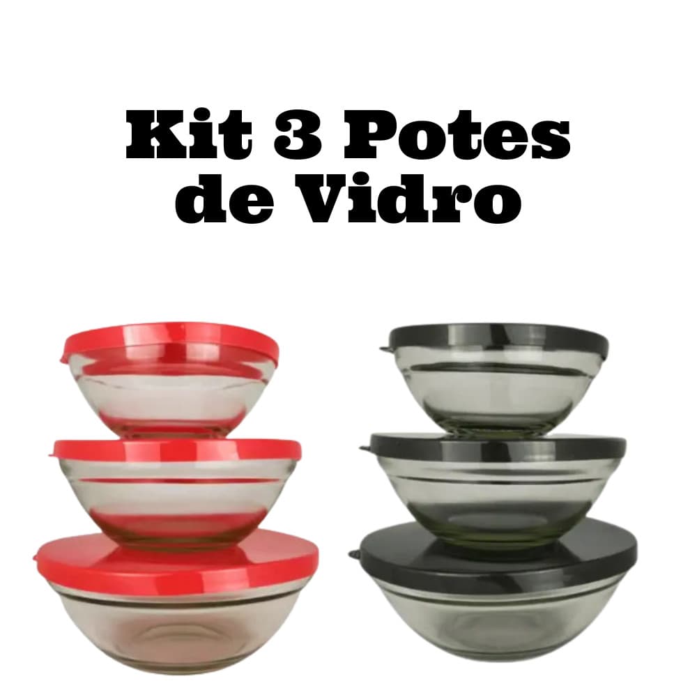 Jogo de 3 Potes de Vidro 230 330 500 ml com Tampa Cozinha Casa Utilidades