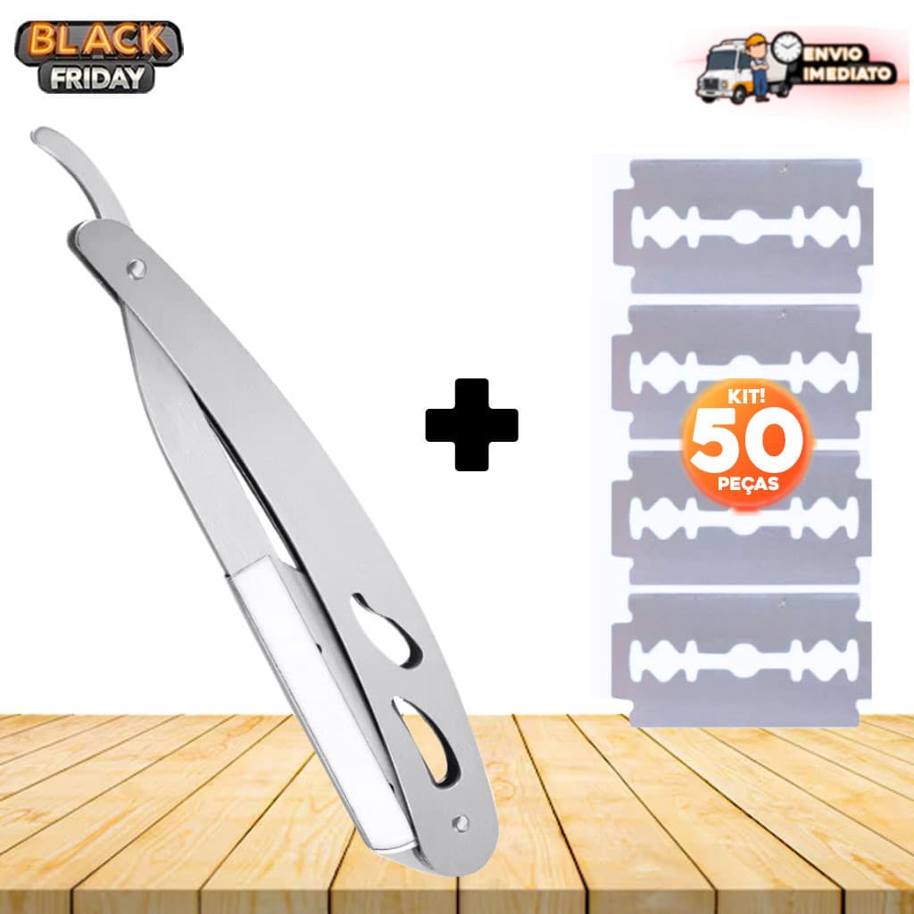 Kit Navalha Profissional + 50 Lâminas de Aço Inox - Para Barbearia, Casa e Acabamento de Barba