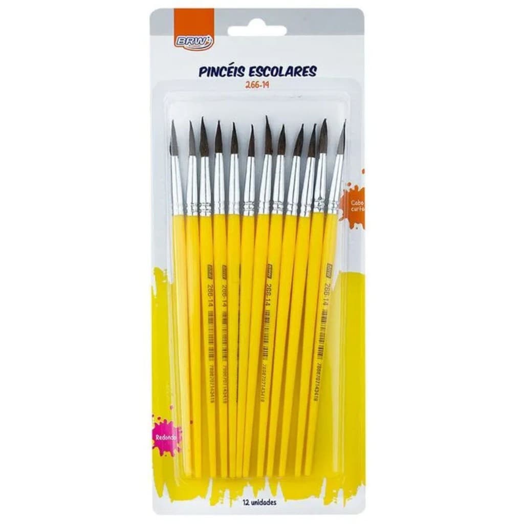 KIT 12 PINCEL ESCOLAR REDONDO MODELO 266-14 CABO CURTO PINTURA ARTISTICA E PROFISSIONAL - BRW