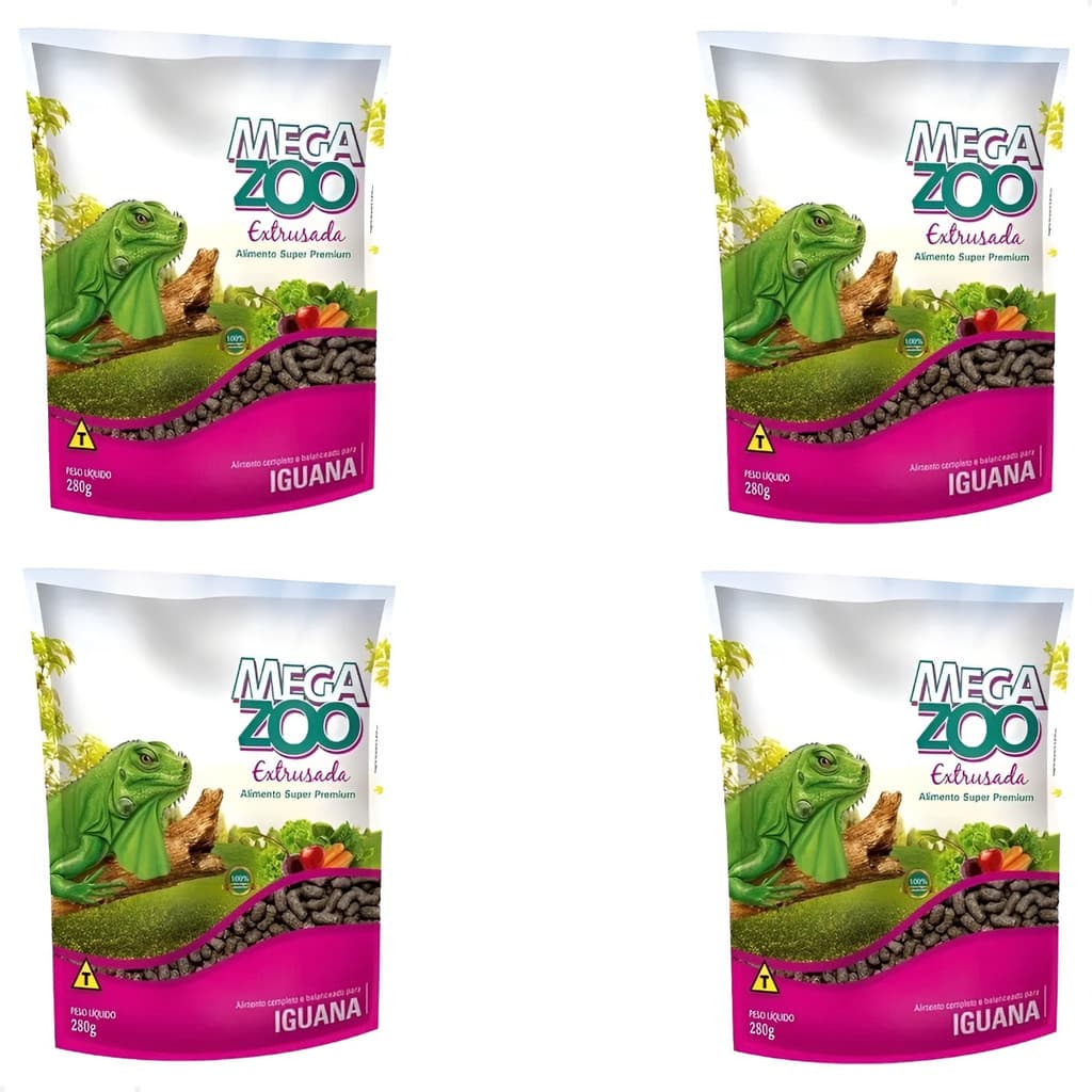 Kit 4 Ração Megazoo Iguanas 280g Super Premium Extrusada Para Répteis Alimento Completo