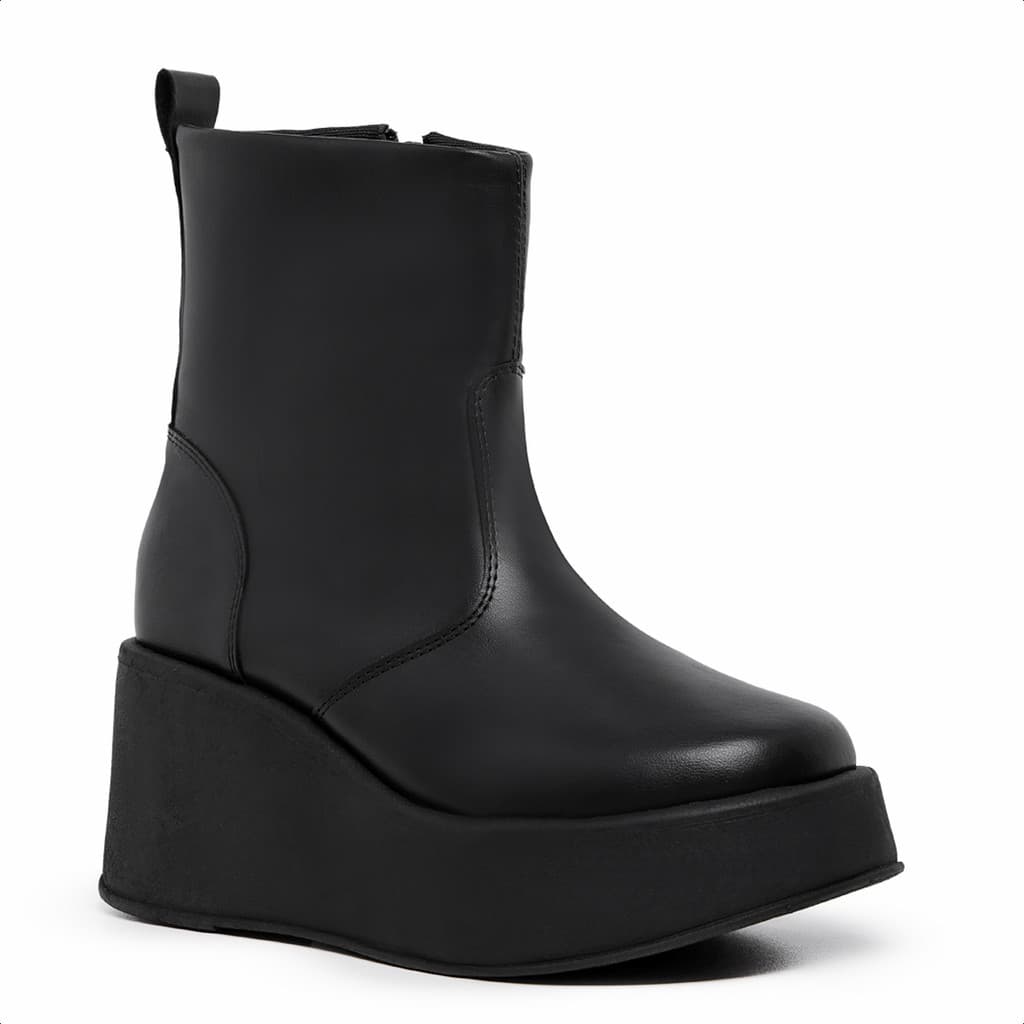 Bota Plataforma Feminina Coturno De Couro Preto Com Zíper Lateral