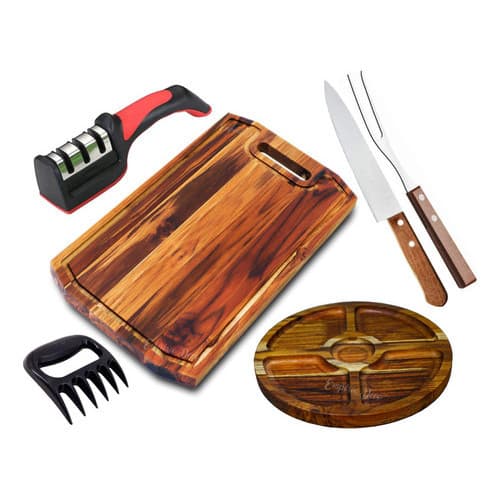 Kit Churrasco Tábua Faca Garfo Afiador Garra Petisqueira