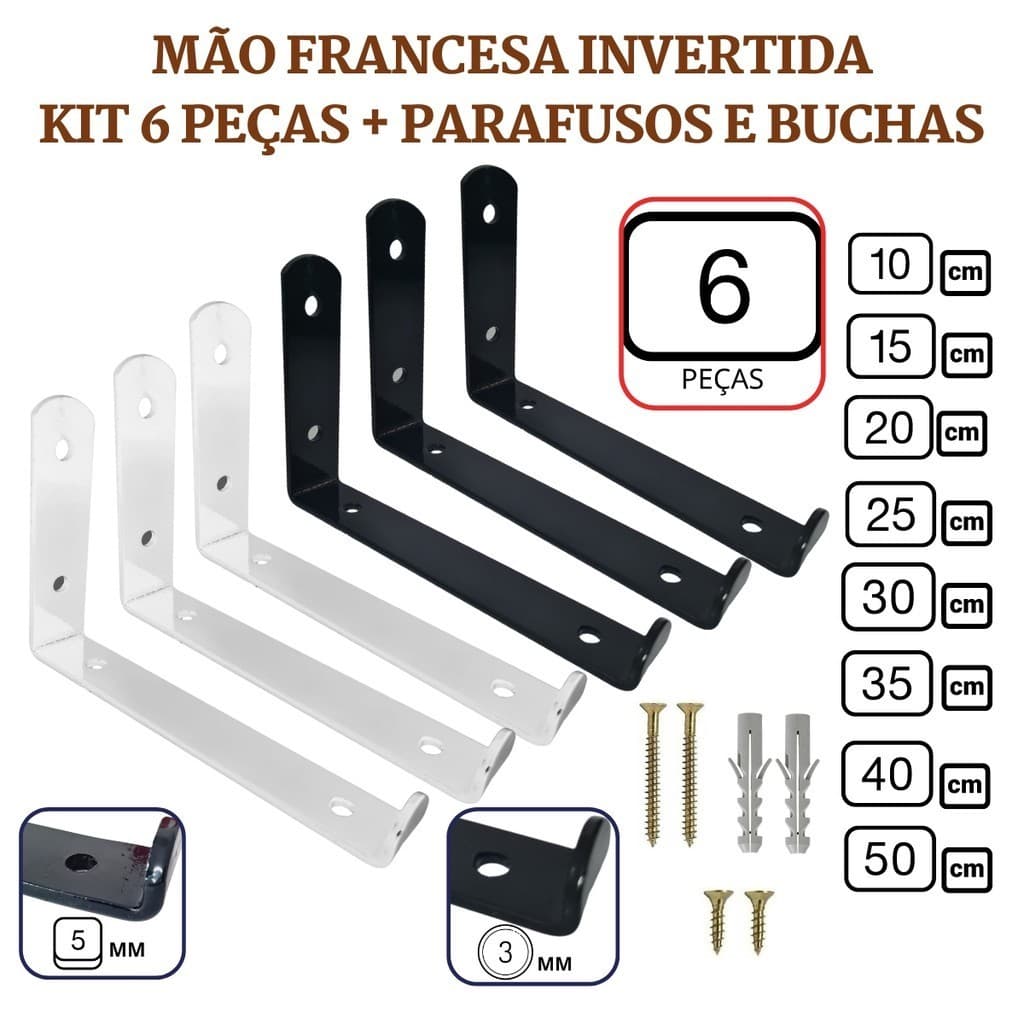 Mão Francesa Invertida 6 Peças Suporte Prateleira Industrial