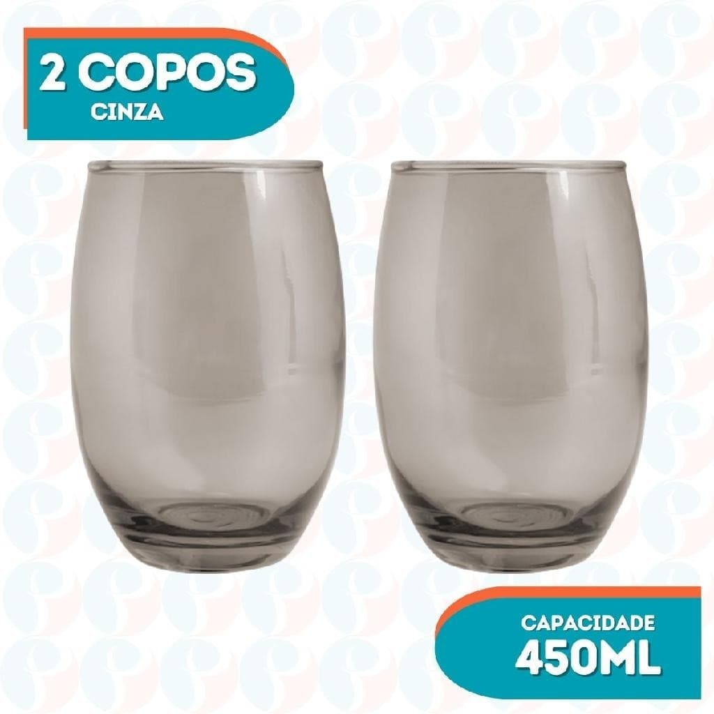 Copo De Vidro 450ml Redondo Bellagio Cinza Agua Suco 2 Unid