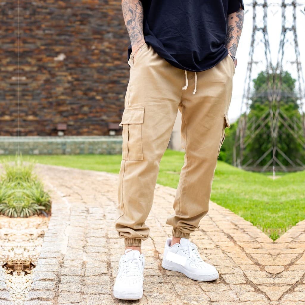 Calça Cargo Masculina Com Punho Bolso Lateral Elástico 6 bolsos