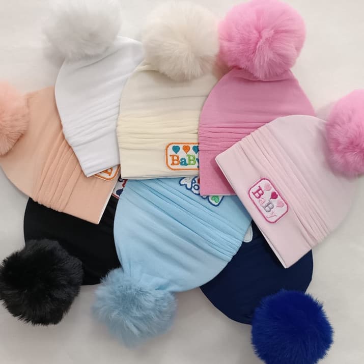 Touca de meia fina com pompom para bebê Menina e Menino