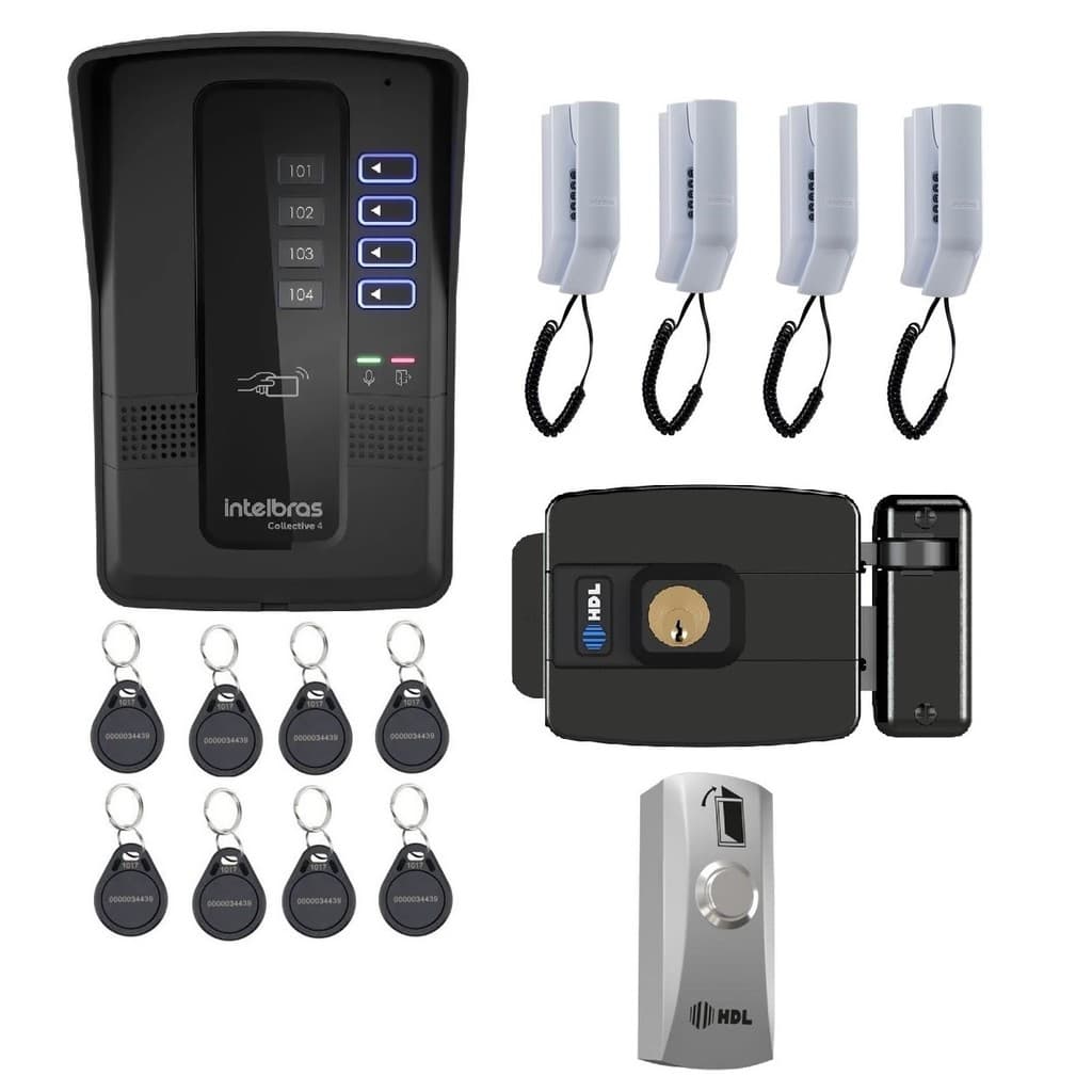 Kit Porteiro Eletrônico Coletivo 4 Pontos Fechadura AF HDL e Botão