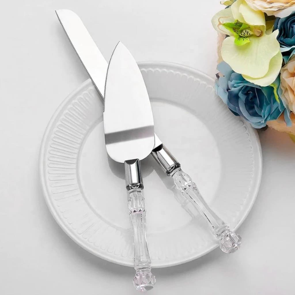 Conjunto 2 Peças Espátula e Faca Para Bolo Cabo Cristal.