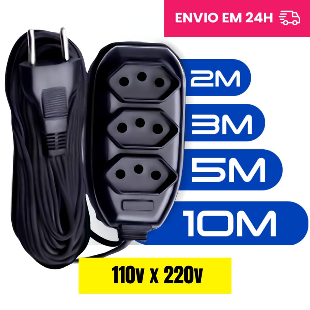 Extensão Elétrica 10 5 3 2 Metros Bivolt 10A 20A - Tomadas Tripolares Preta [Envio HOJE]