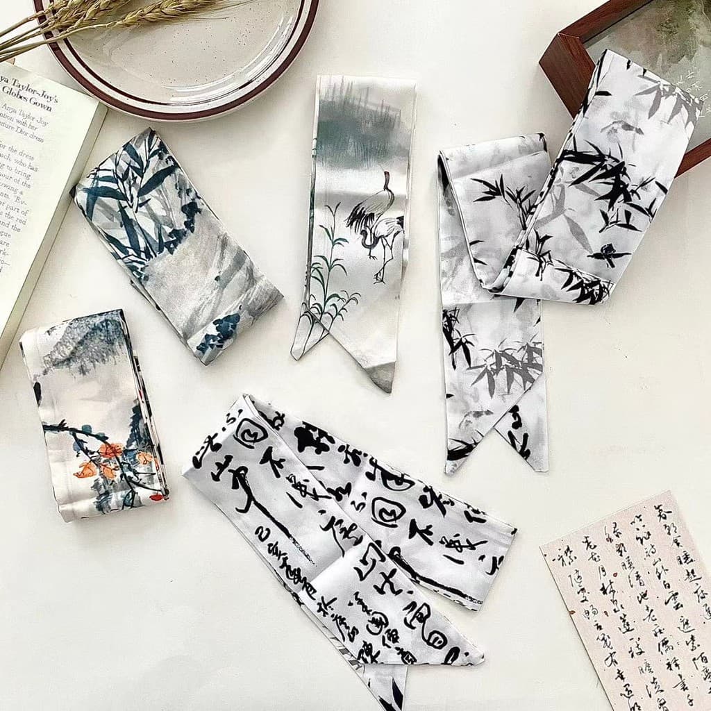 Faixa de Cabelo Estilo Chinês Antigo com Padrão de Bambu e Garça Branca, Lenço de Seda Longo, Acessório de Cabelo Femini