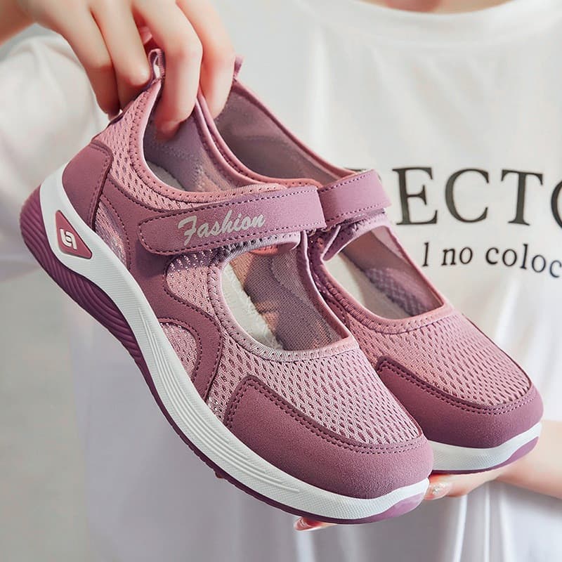 Sapatos Femininos 2024 Novos Sapatos de Caminhada de Verão para Mães de Meia-idade e Idosas com Velcro e Malha AXSM