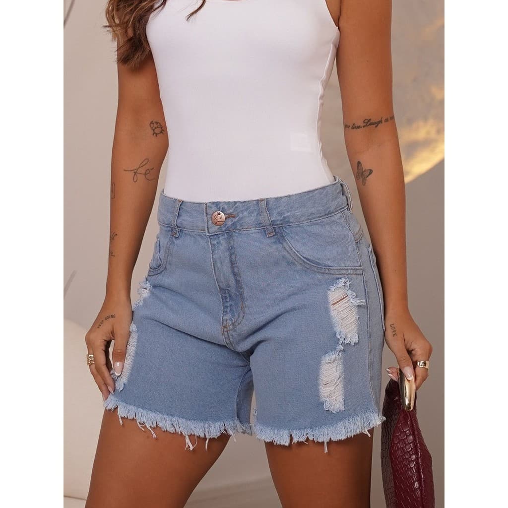 Shorts Jeans Feminino Cintura Alta 100% Algodão Levanta Bumbum
