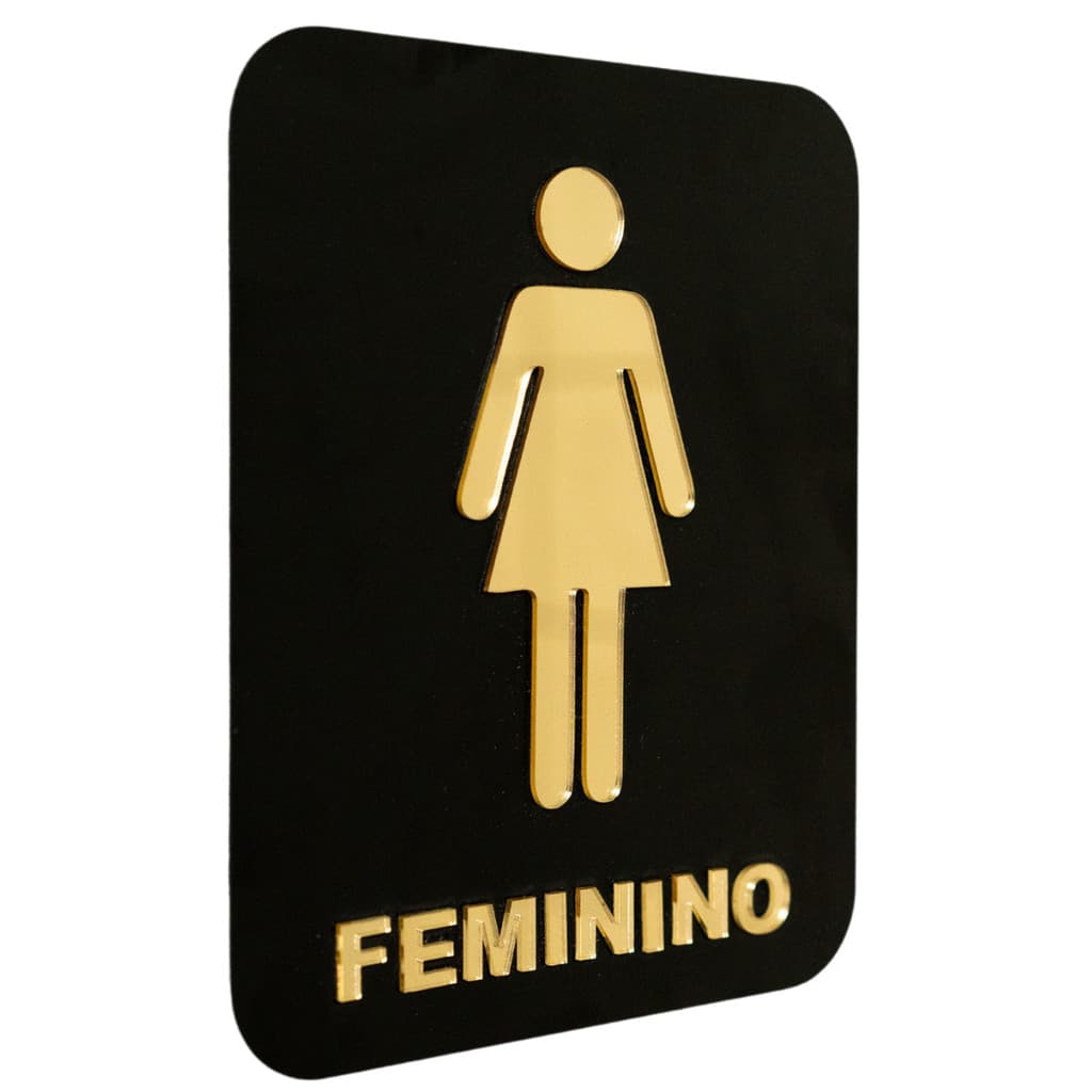 Placa Acrílico Banheiro Feminino Preto Relevo Dourado 20x15