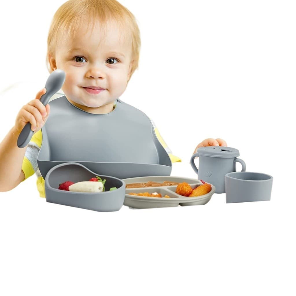 Talheres Bebê Silicone 8 Peças Kit Talheres Infantil Com Ventosa Canudo Colher Babador Garfo