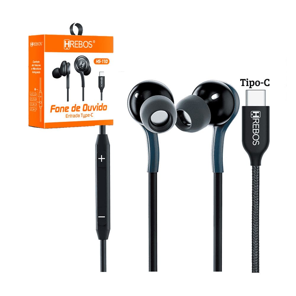 Fone de Ouvido Com Fio Tipo C Hrebos Grave Bass Stereo HS 110