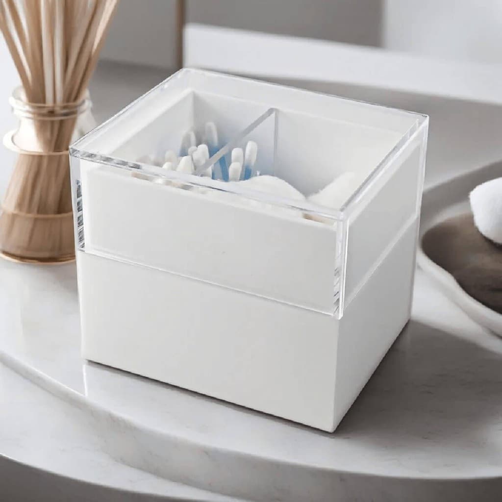 Pote Porta Cotonetes E Algodão Acrílico Branco Com Tampa