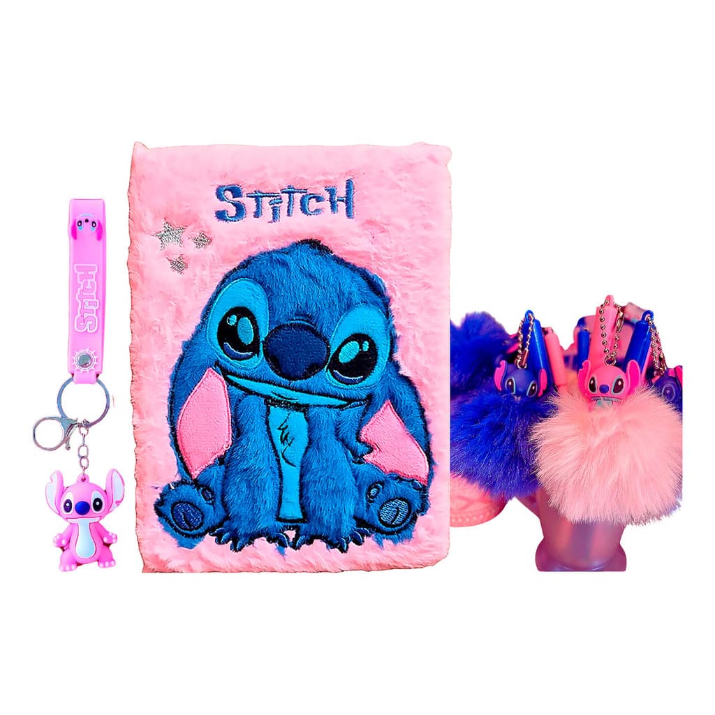 Kit Caderno Pelúcia Stitch Caneta Pom Pom Chaveiro Stich