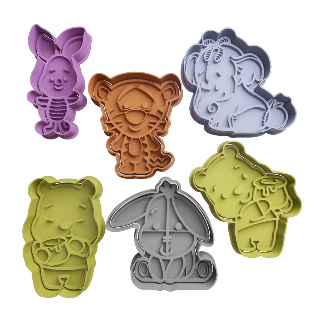 Kit 6 Cortadores de Bolacha Biscoito Pasta Americana Ursinho Pooh Com Puxador