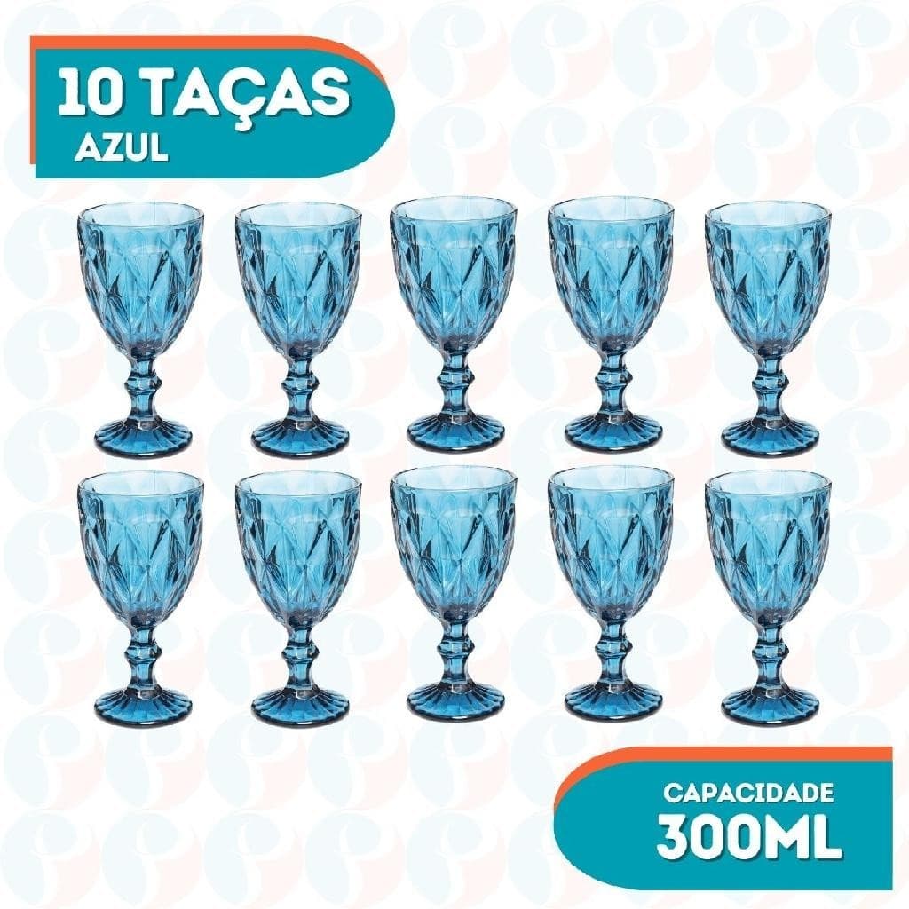 Jogo 10 Taças Água Vinho Vidro Azul 300ml Copos Gourme