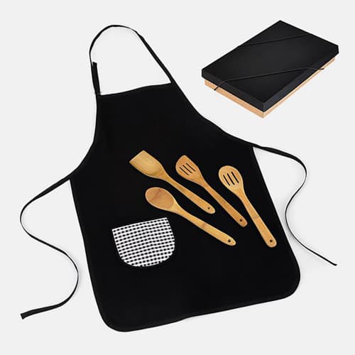 CONJUNTO DE UTENSILIOS EM BAMBU 30CM COM AVENTAL  5 PCS