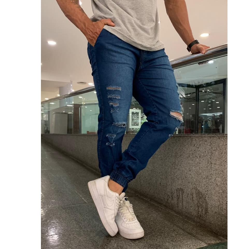 Calça Masculina Jogger Jeans e Sarja Com Elastano Estilo Jogador