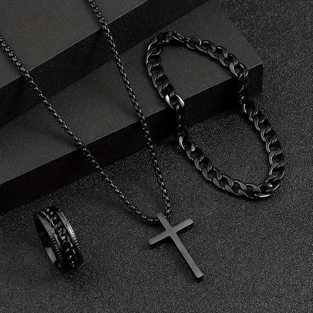 Conjunto de 3 peças de colar cruzado pulseira anel joias 3 Pçs/Set Cruz Pingente Colares Cubano Cadeia Pulseiras