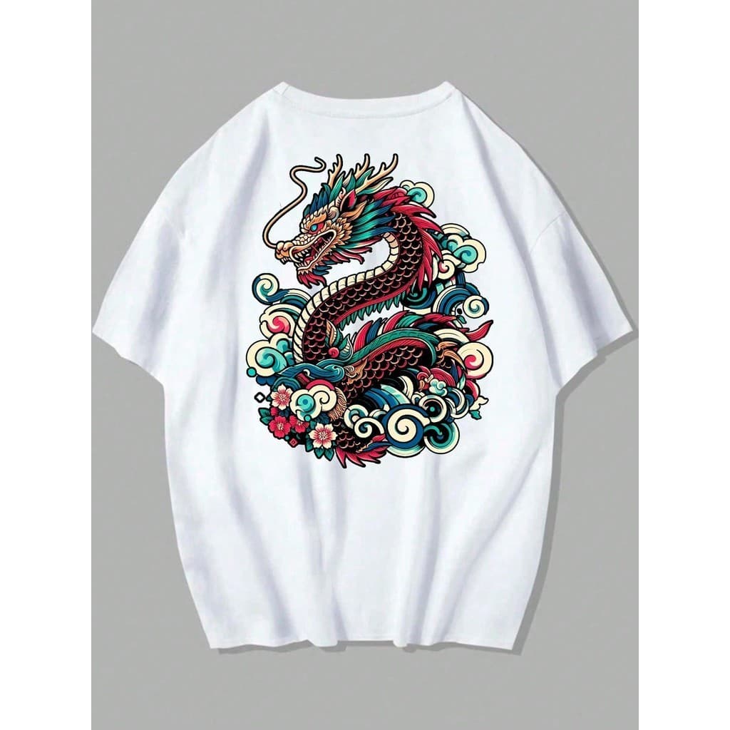 Camiseta Dragão Colorido Oriental Unissex 100% Algodão Streetwear