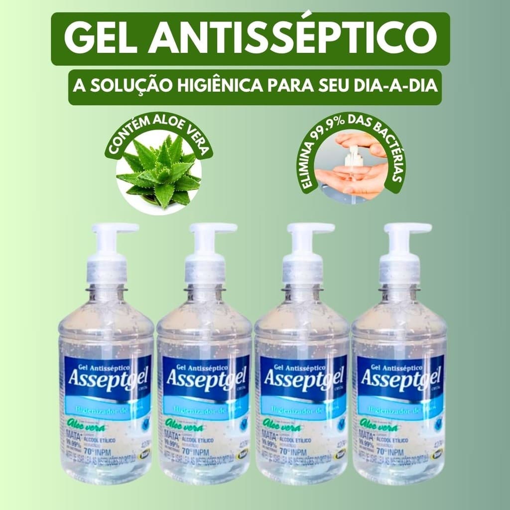 Kit 4 Álcool Em Gel Antisséptico Higienizador Asseptgel Cristal Aloe Vera 420g Hidratante Limpeza