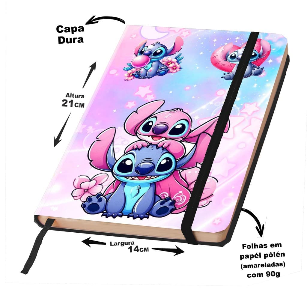 Caderno  Capa dura estilo moleskine 21X14cm tema Stitch ROSA/AZUL com elástico