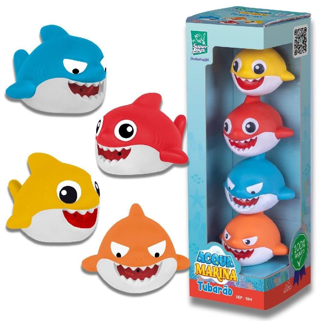 04 Tubarão Mordedor Soft Para Bebês Brinquedo Macio Banheira Banho