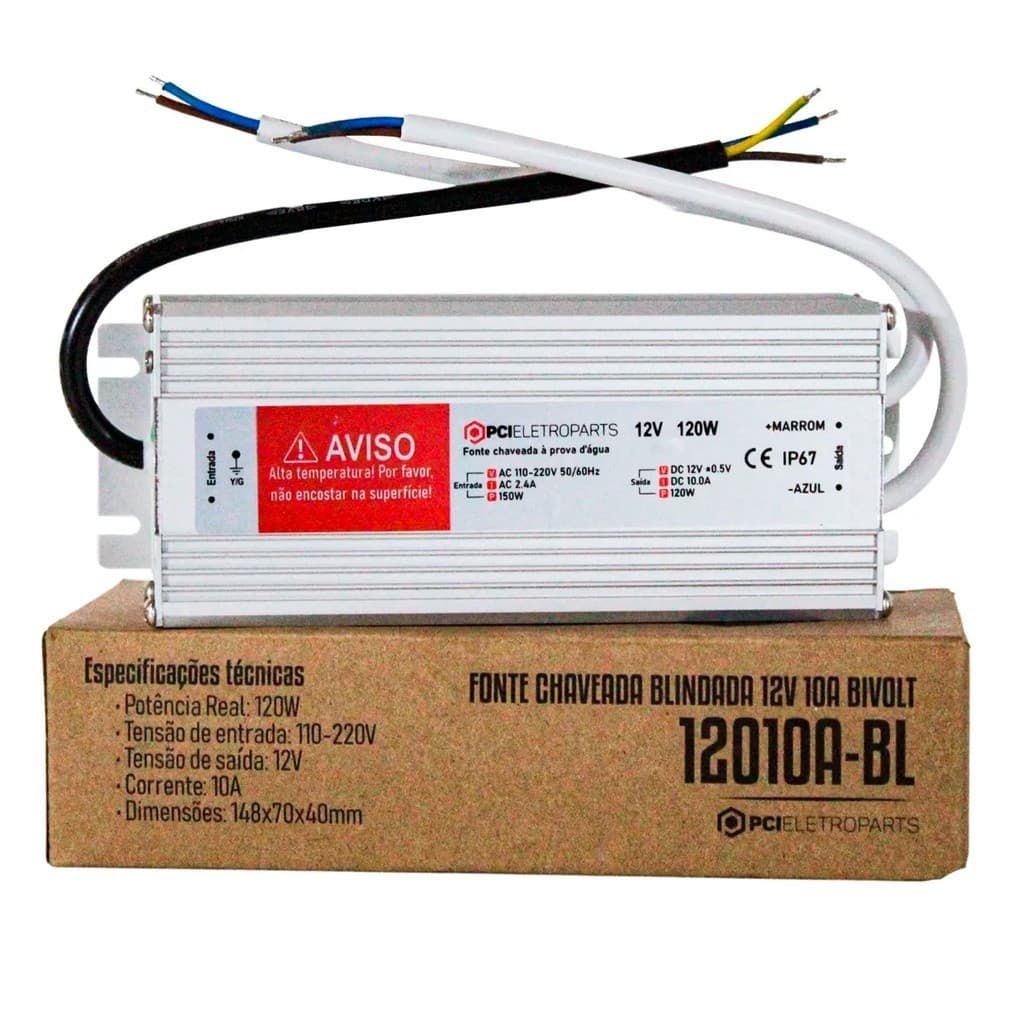 Fonte Chaveada Blindada 12V 10A 120W BIVOLT IP67 Prova Dágua