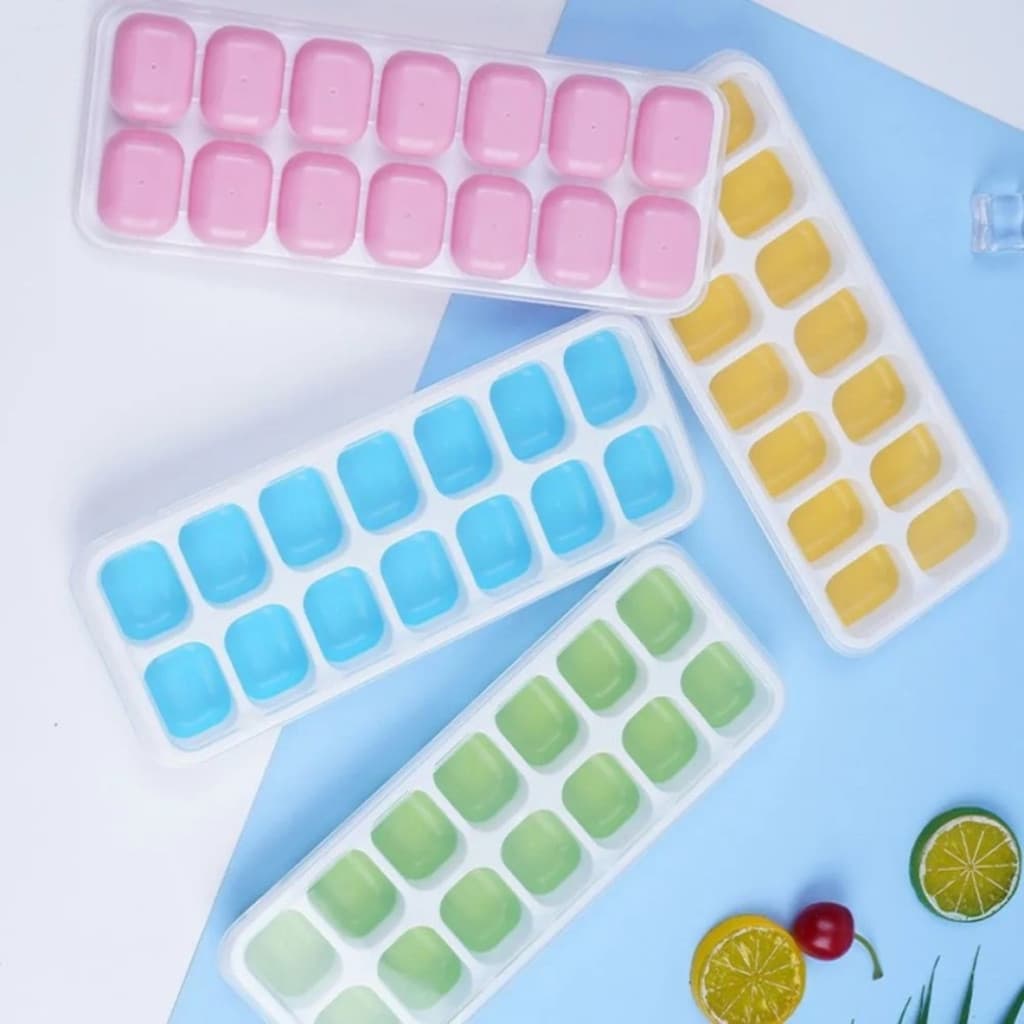 Kit Forma de Gelo com Tampa Fundo Flexível de Silicone 14 Cubos Varias Cores