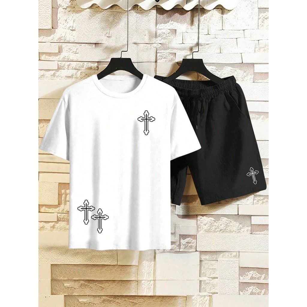 Conjunto Masculino Camiseta Streetwear Masculina + Bermuda Tactel Estampada 3 Cruz Kit