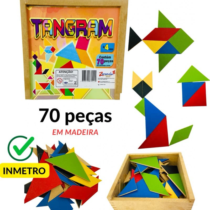 Tangram 70 Peças em Mdf Brinquedo Jogo Educativo Formas Geometricas Pedagógico Lúdico Madeira Quebra Cabeça Chinês