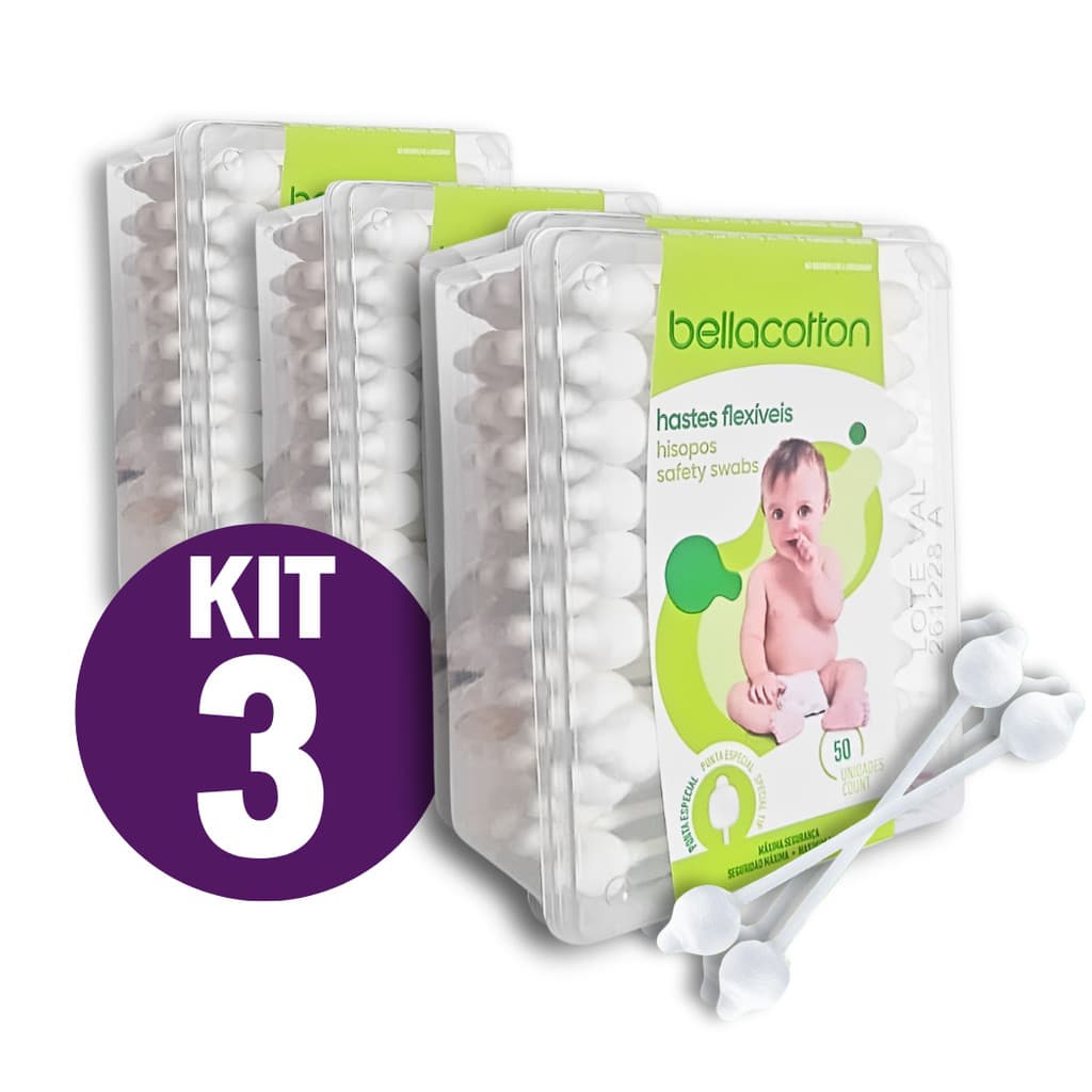 Haste Flexível Cotonete Bebe Bastonetes Bellacotton 3 Caixa Total 150 unidades