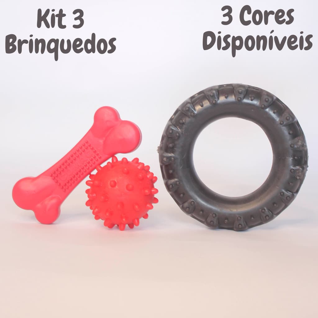 Kit 3 Mordedores Brinquedo Maciço Para Pet Cachorros Pneu Ossinho e Bolinha