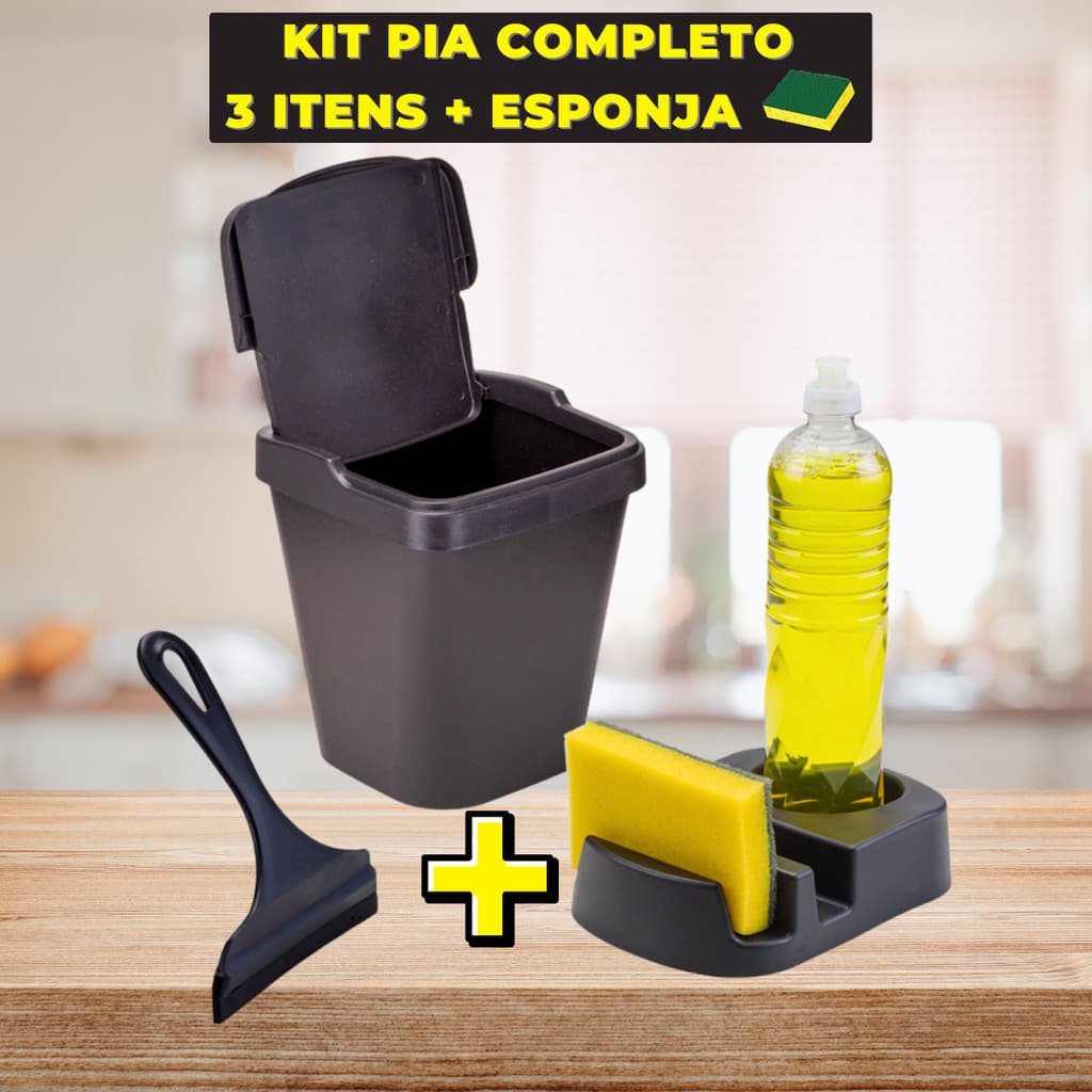 Kit Pia Multiúso Elegance Lixeira 4,8 Litros, Porta Detergente e Rodinho de Pia