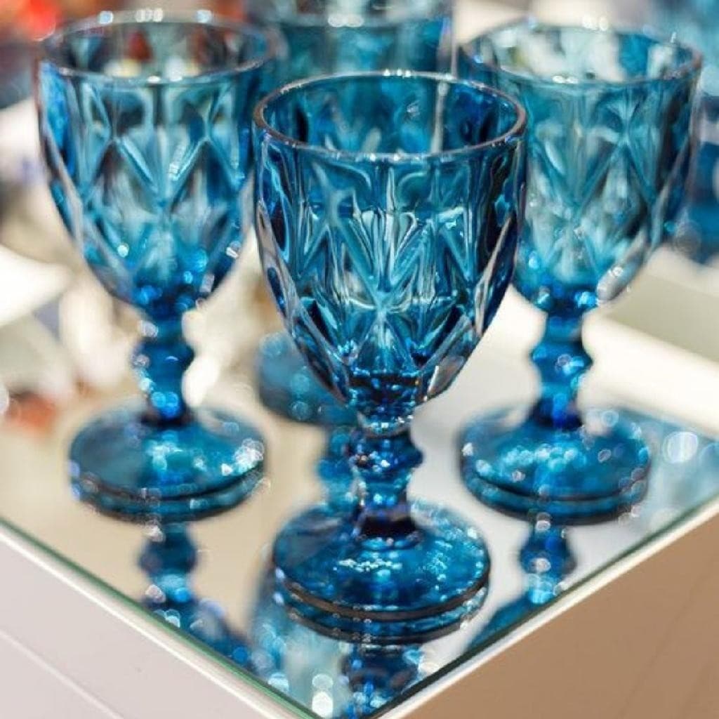 Jogo Copo Taça Vidro Diamante Azul Para Agua 300ml - 4un