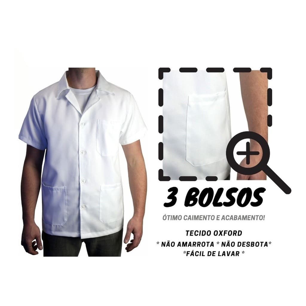 JALECO MC Masculino Manga Curta Em Oxford Melhor Preco Branco Preto