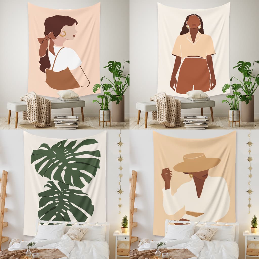 Estilo nórdico, menina fresca, tapeçaria verde plantada no quarto decoração da casa, pintura de fundo, tapeçaria de pare