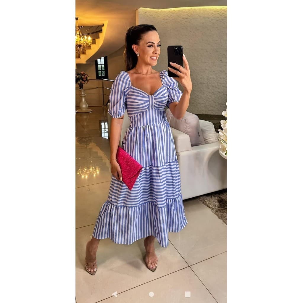 Vestido Beatriz Listrado Midi Manga Curta Moda Evangélica Modesta Crista