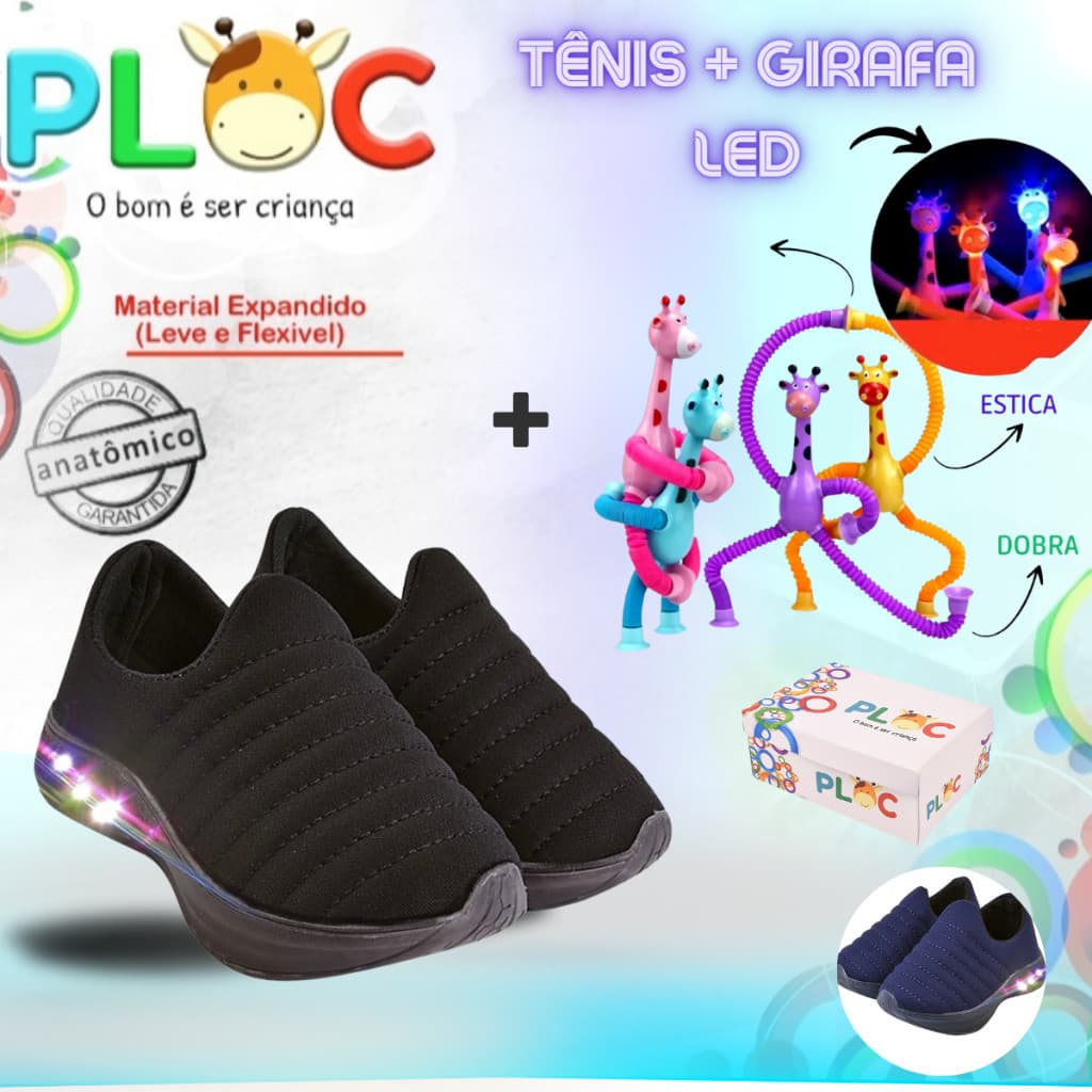 Kit Divertido Ploc LED - Tênis LED + Girafa Ploc LED Estica e Puxa PRETO MENINO