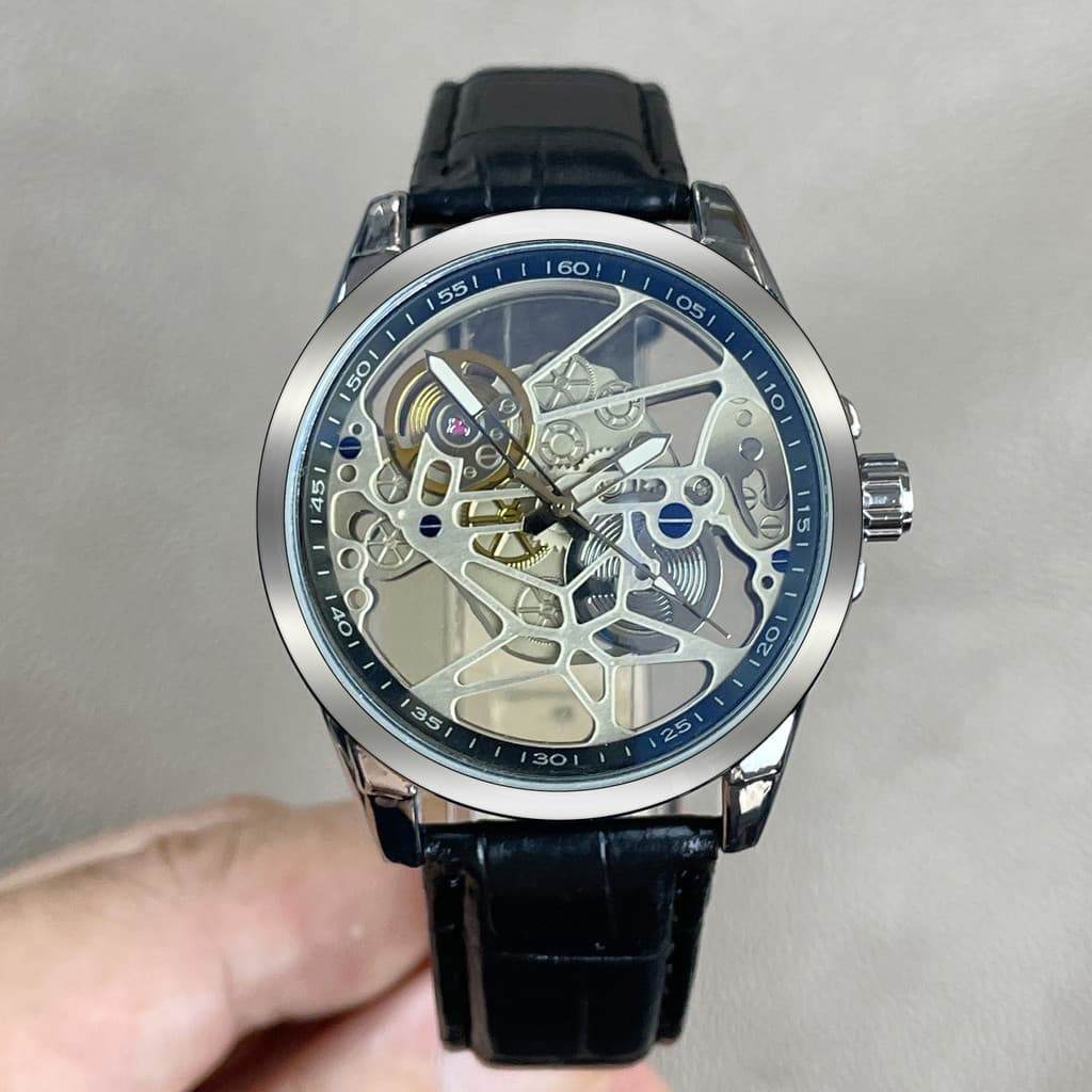 Nova Moda Relógio Automático Masculino À Prova D'água , Esqueleto Luminoso , Com Pulseira De Couro Genuíno Para Homens E