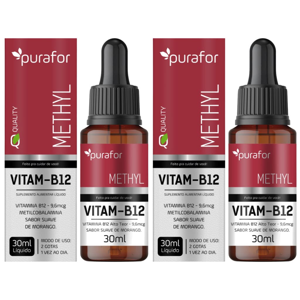2 Suplemento Alimentar Vitamina B12 Líquida Metilcobalamina 30ml PuraFor Concentrado Rápida Absorção