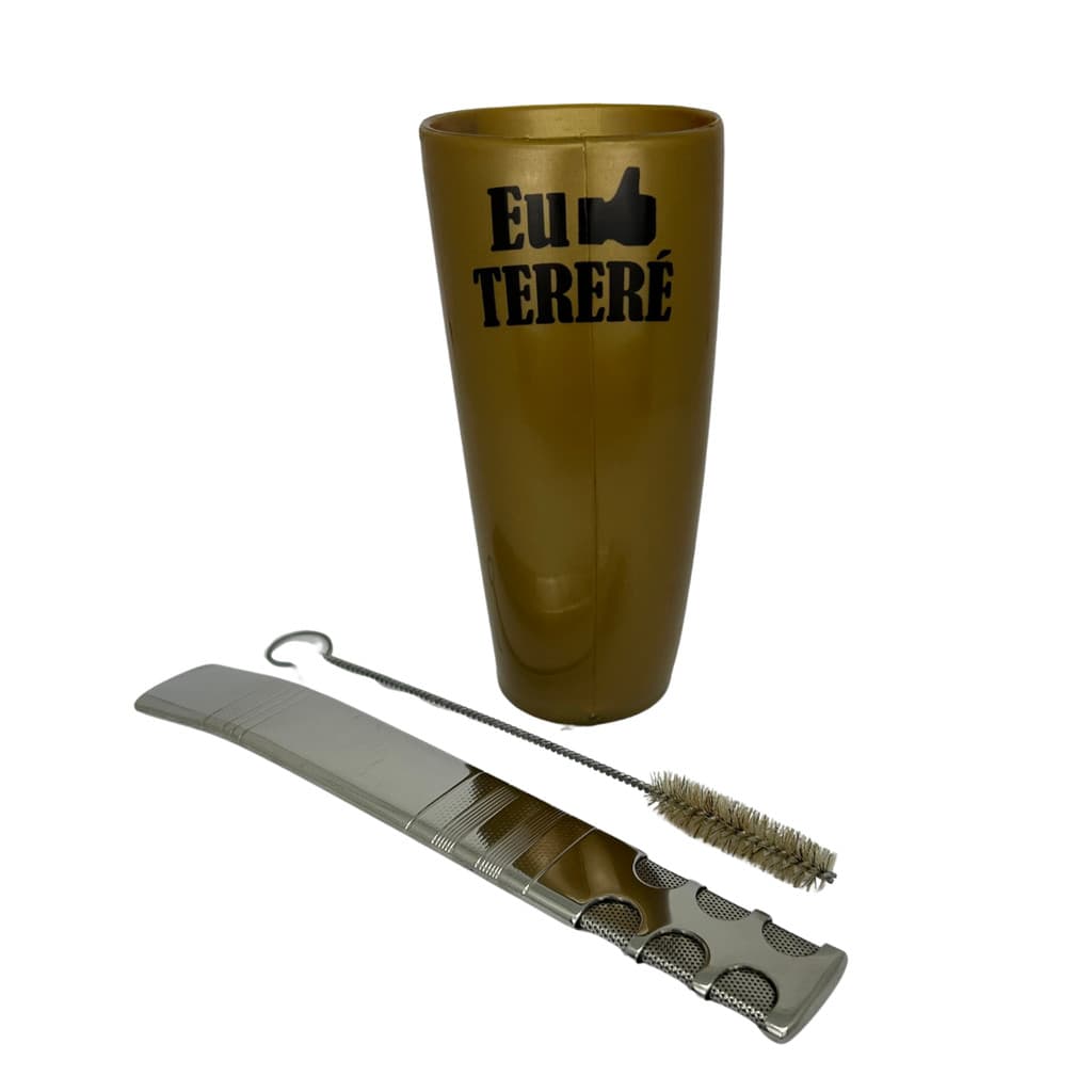 Kit tereré guampa chifre plástica 300 ml dourado + bomba de tela super premium extra larga 20cm inox prata + escova